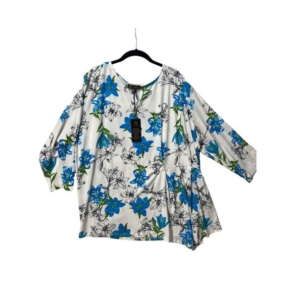 New DG2 Diane Gilman Floral Top Shirt 3/4 Sleeves Blue White Black Floral Ruffle - Picture 4 of 14